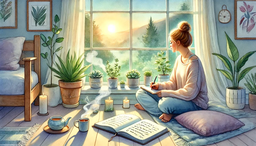 What do you write in a daily gratitude journal? 1 A serene watercolor painting of a person sitting by a window with natural light streaming in, journaling in a gratitude notebook.