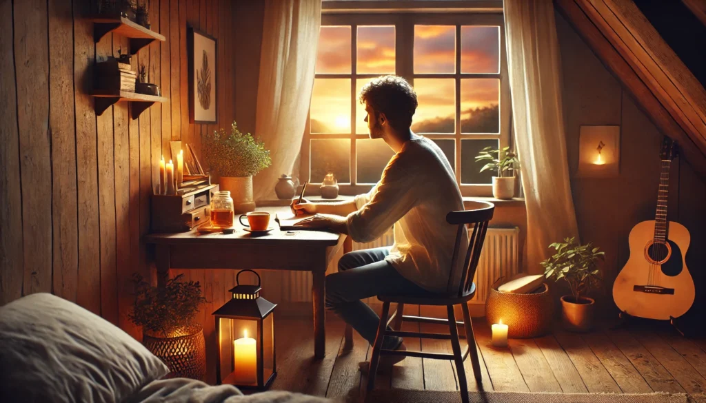 What is gratitude journaling for? 7 A serene, cozy scene with a person sitting at a wooden desk by a window, writing daily gratitude in a journal.