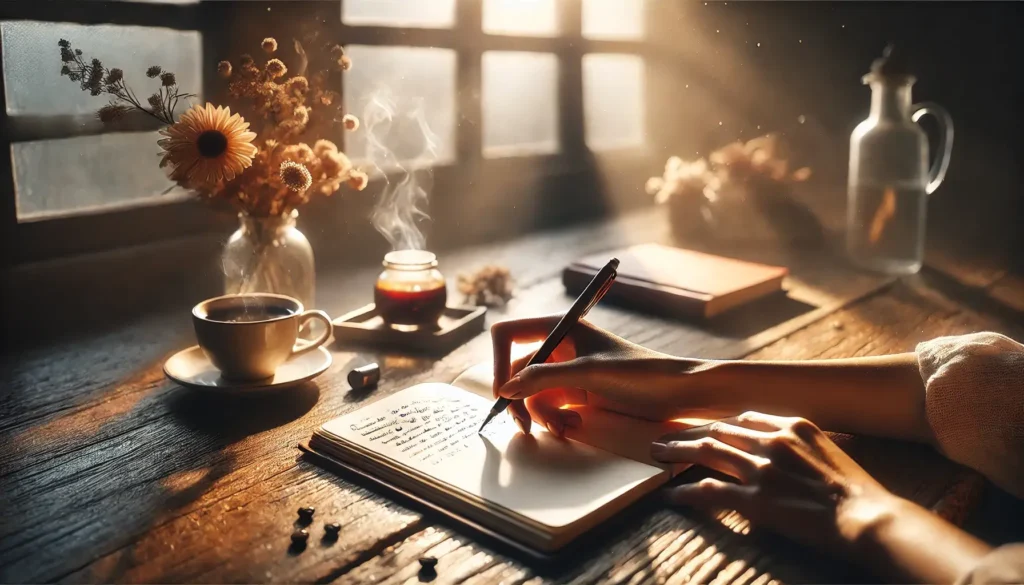 Does Gratitude Journaling Actually Work? The Surprising Science Behind It (2025) 8 A serene close-up shot of a hand gracefully writing Gratitude in a journal on a rustic wooden table.