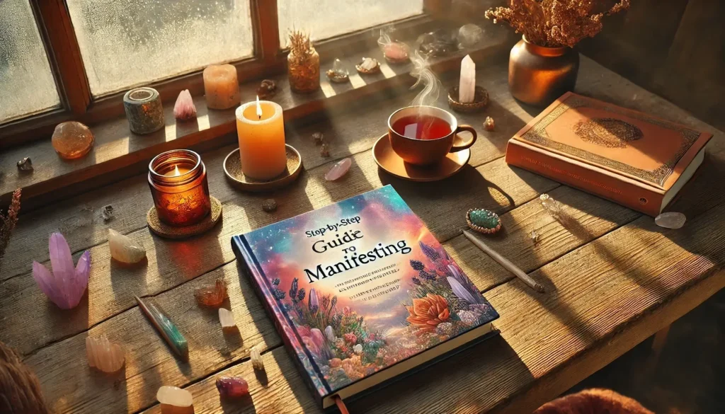 Manifest Journaling: A Step-by-Step Guide to Manifesting Your Dreams in 2025 9 A high-angle medium shot of a serene workspace featuring an open journal titled 'Step-by-Step Guide to Manifesting.